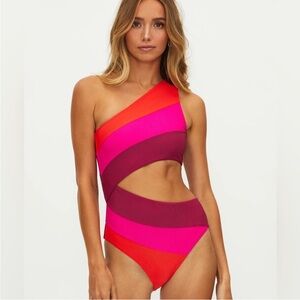 Beach Riot Pink and Red One Shoulder One Piece